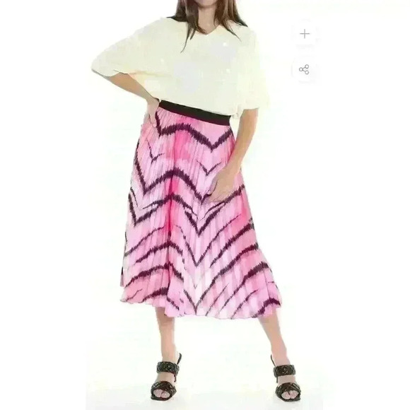 NWT beulah Style Pink animal print Tie Dyed Pleated Midi Skirt Sz Small - Picture 1 of 16